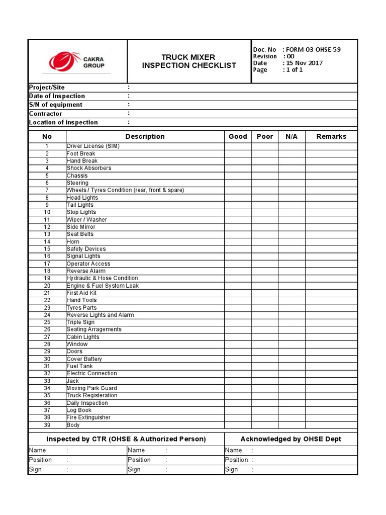 FORM03OHSE59 Truck Mixer Inspection Checklist PDF