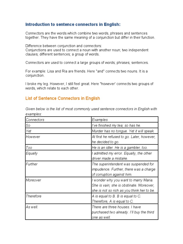 Connectors in English Grammar PDF
