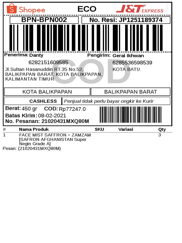 Label Pengiriman.J&T Economy-1 | PDF