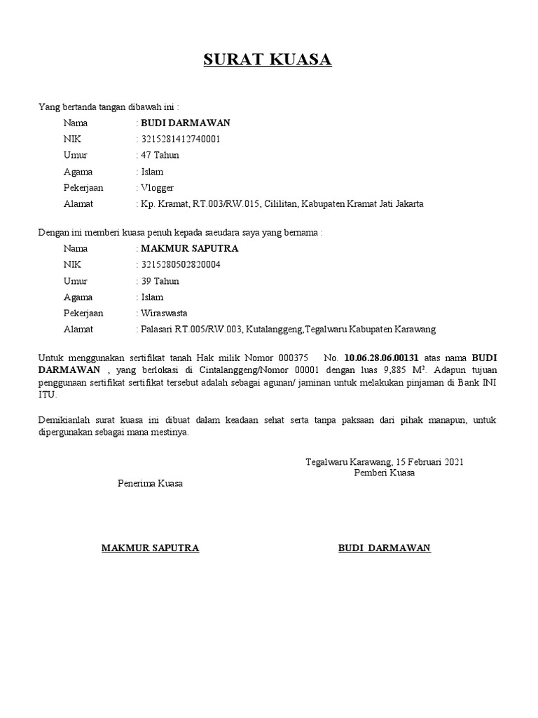 Contoh Surat Kuasa Penggunaan Sertifikat Tanah | PDF