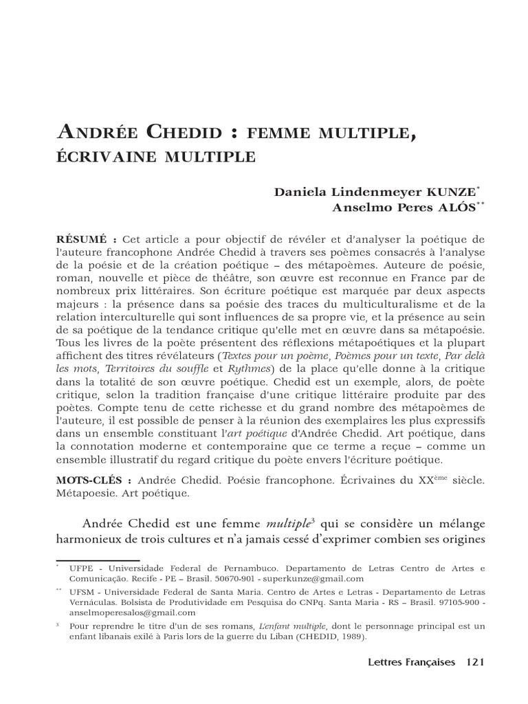 Contrôle De Lecture Le Message Andrée Chedid Andrée Chedid: Femme Multiple, Écrivaine Multiple | PDF | Poésie | Romans