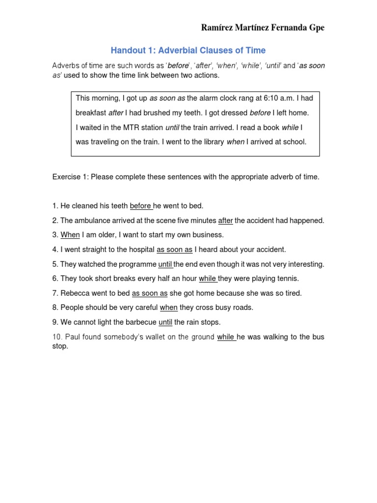 Adverbial Clauses of Time Exercises | PDF | Language Arts & Discipline