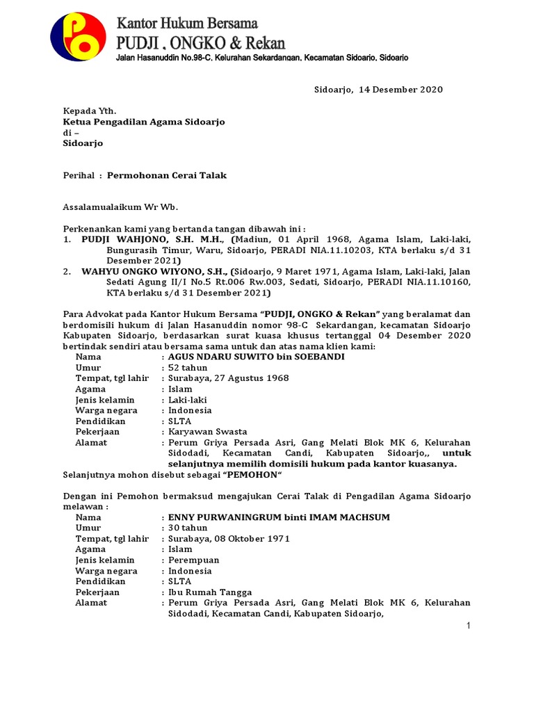 Contoh Permohonan Talak | PDF