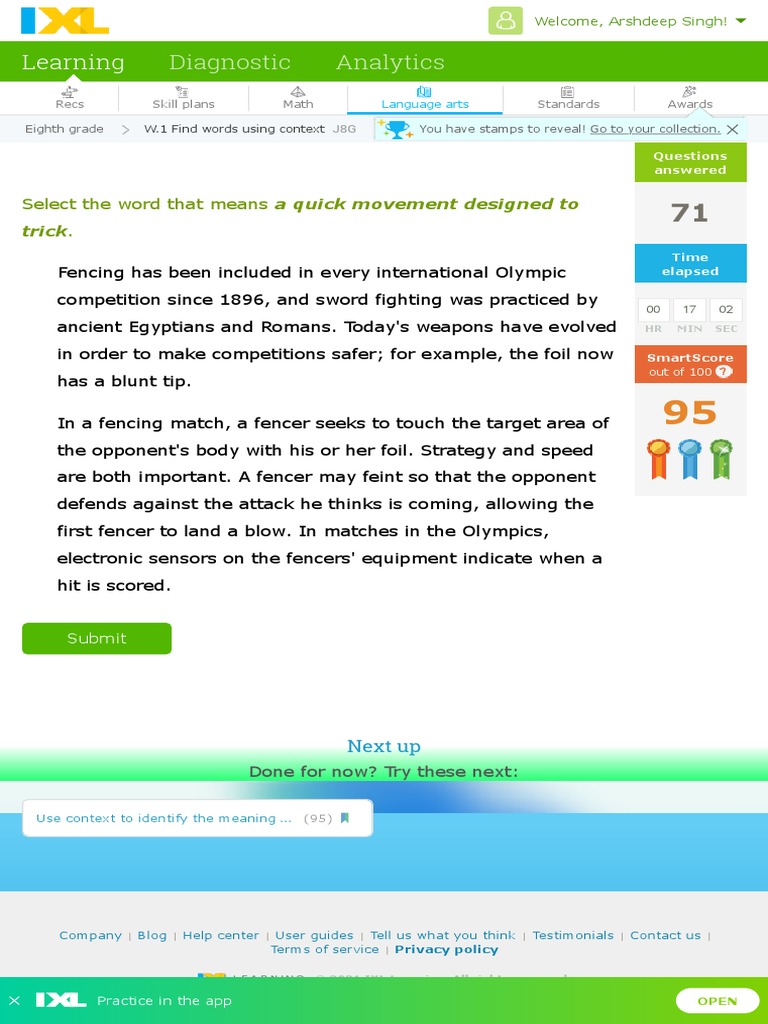 IXL Find Words Using Context 8th Grade Language Arts | PDF | Fencing ...