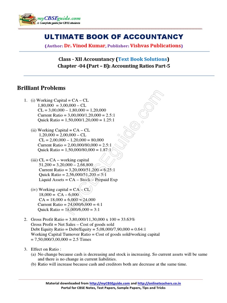 Class 12 Accounting Ratios Solutions | PDF | Working Capital | Cost Of ...