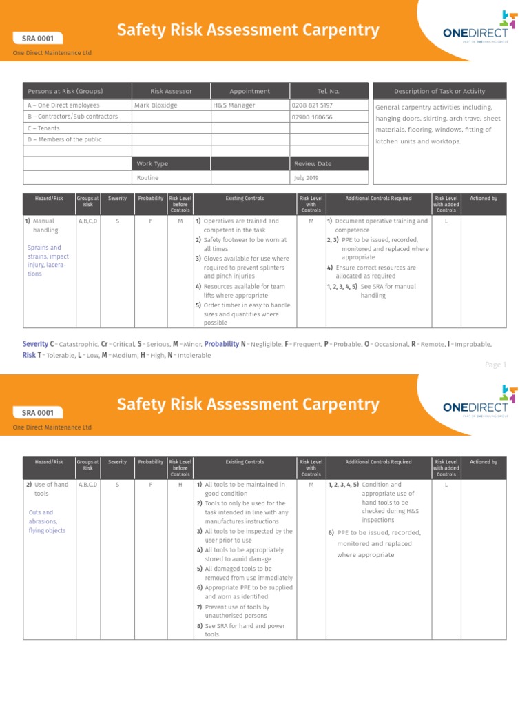 Safety Risk Assessment Carpentry Safety Risk Assessment Carpentry | PDF ...