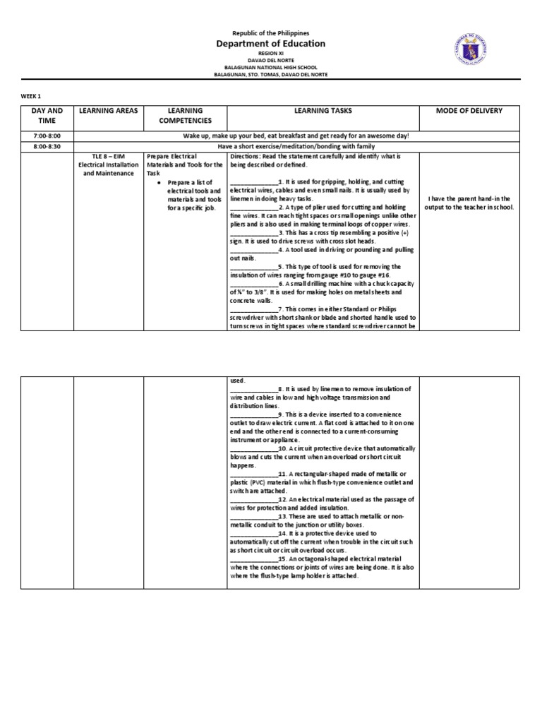 Weekly Lesson Plan for ITI Electricians | PDF | Electrical Wiring ...