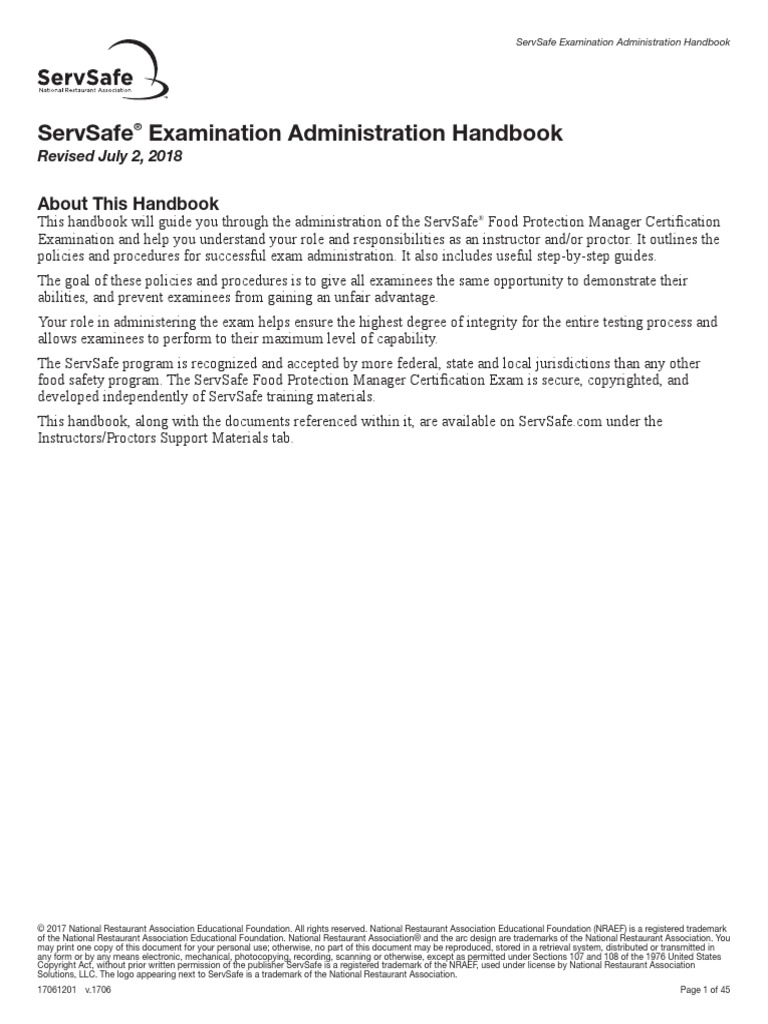 ServSafe FPM Exam Admin Handbook 7 17 18 PDF Test (Assessment) Copyright