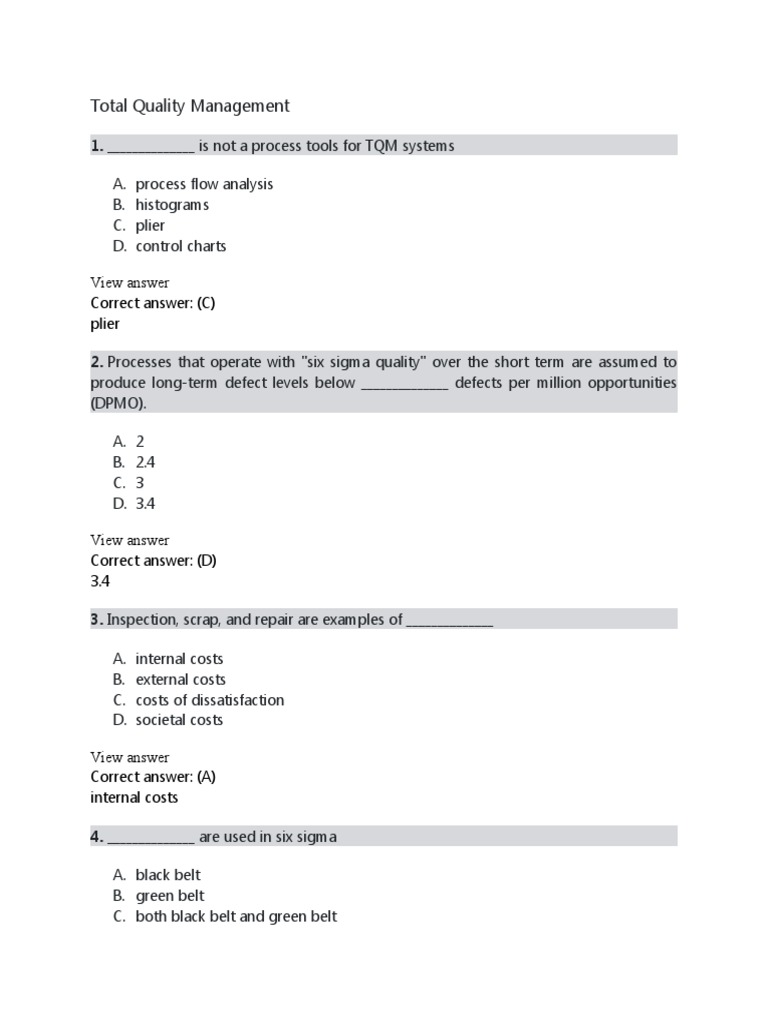 Total Quality Management MCQ's PDF Six Sigma Quality Management
