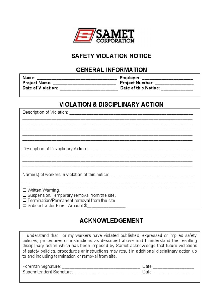 Safety Violation Notice Form | PDF