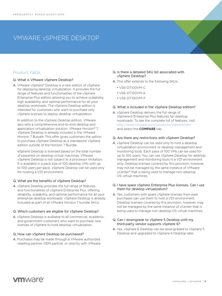 Vmware Vsphere Desktop Faqs | PDF | Desktop Virtualization | Virtualization