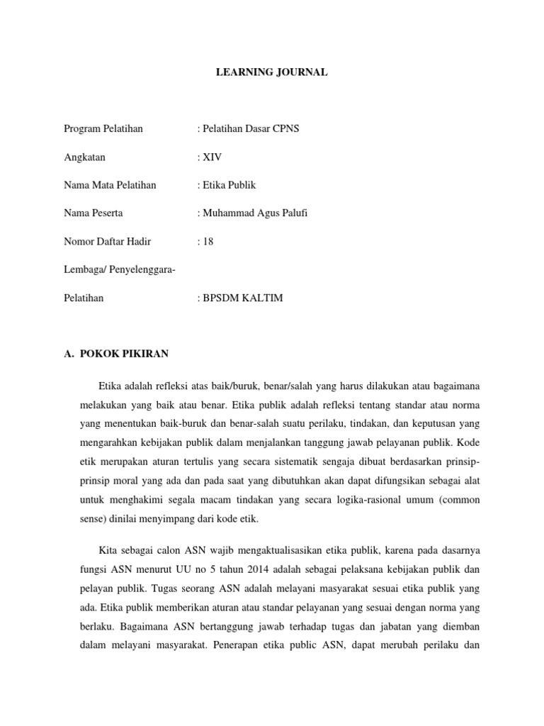 Learning Journal Etika Publik Muhammad Agus Palufi Pdf