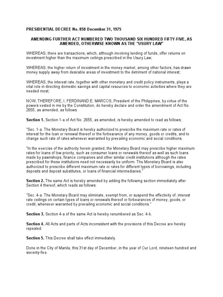 Usury Law PDF Loans Interest