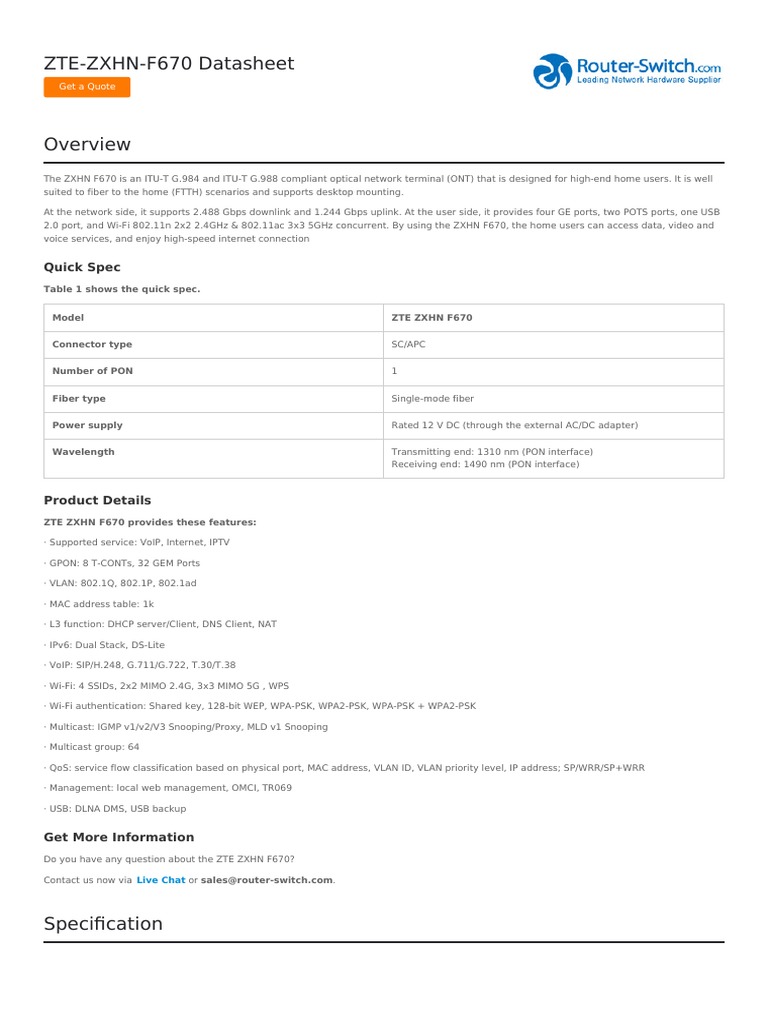 Zte ZXHN f670 Datasheet | PDF | Wi Fi | Optical Fiber