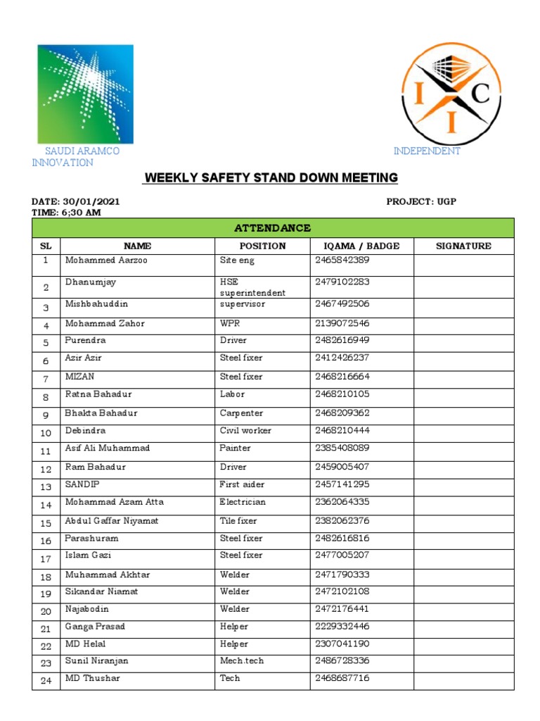 Weekly Safety Stand Down Meeting PDF