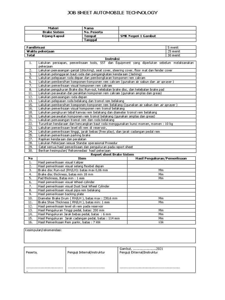 Jobsheet Sistem Rem Mobil Kijang | PDF