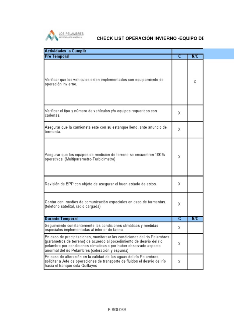 Checklist Operación Invierno 2023 | PDF | Naturaleza | Agua