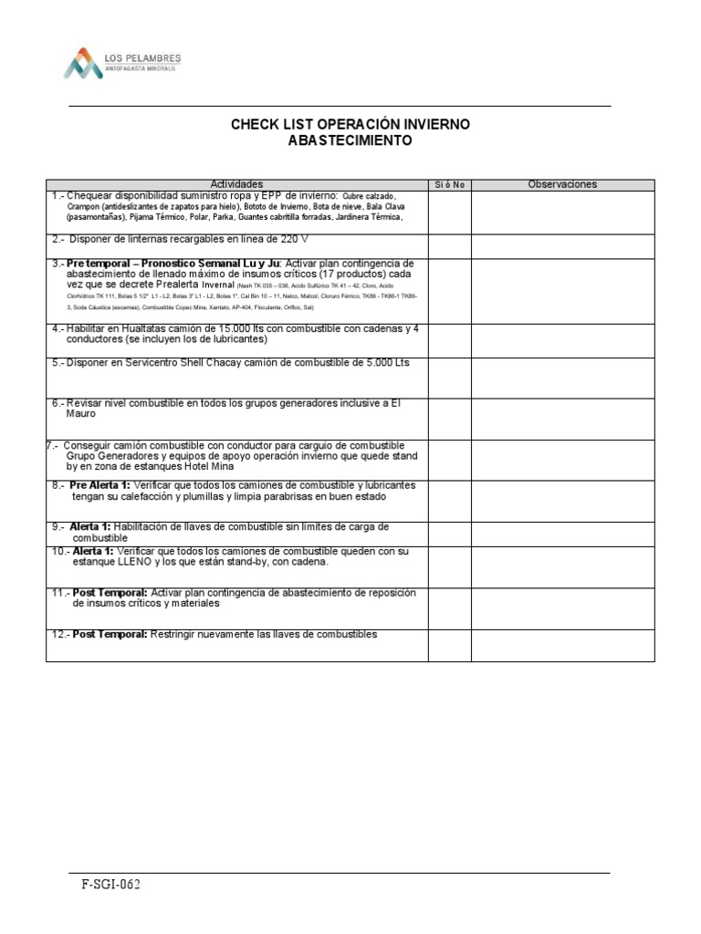 F-SGI-062 Check List Abastecimiento Operación Invierno | PDF