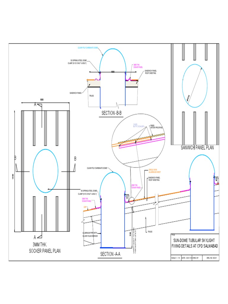 Detail drawings of a clear polycarbonate dome skylight system with ...