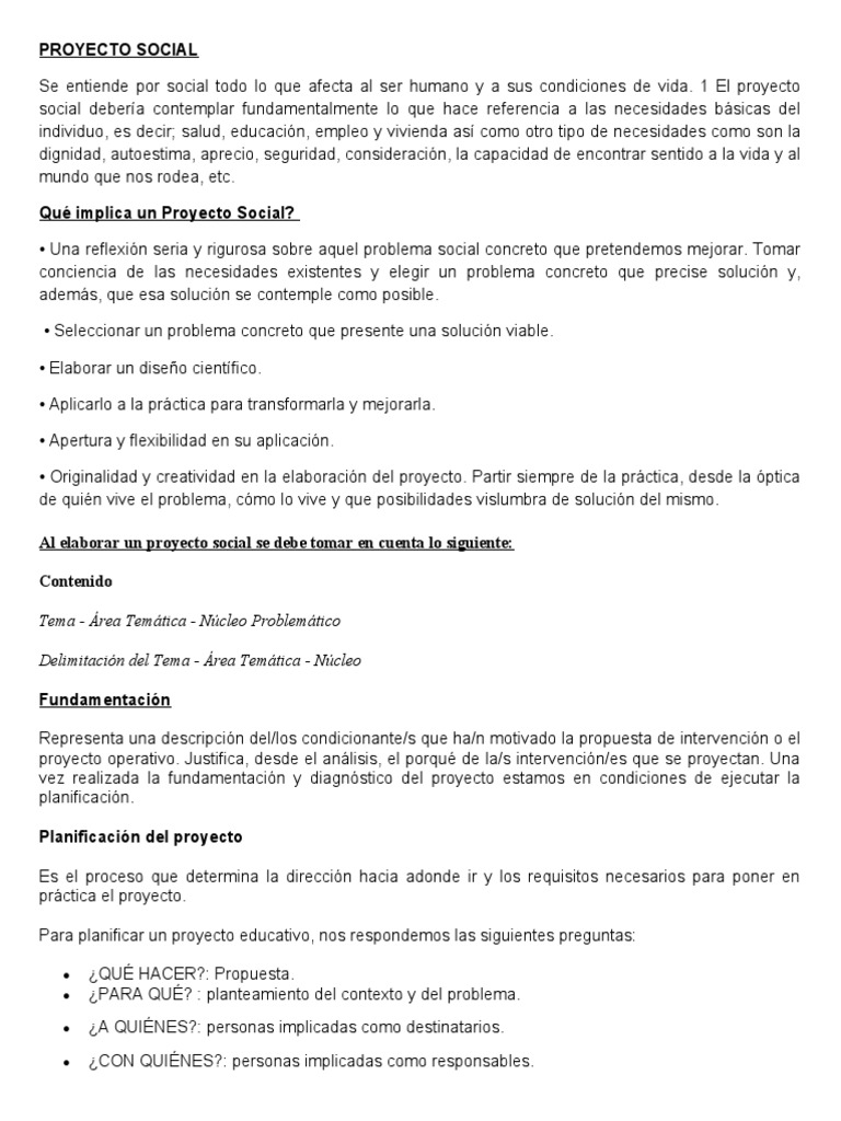 Elementos Clave de un Proyecto Social | PDF | Planificación | Metodología