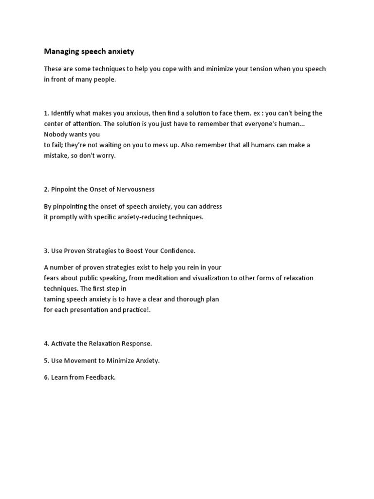 Techniques to Manage Speech Anxiety | PDF | Self-Improvement