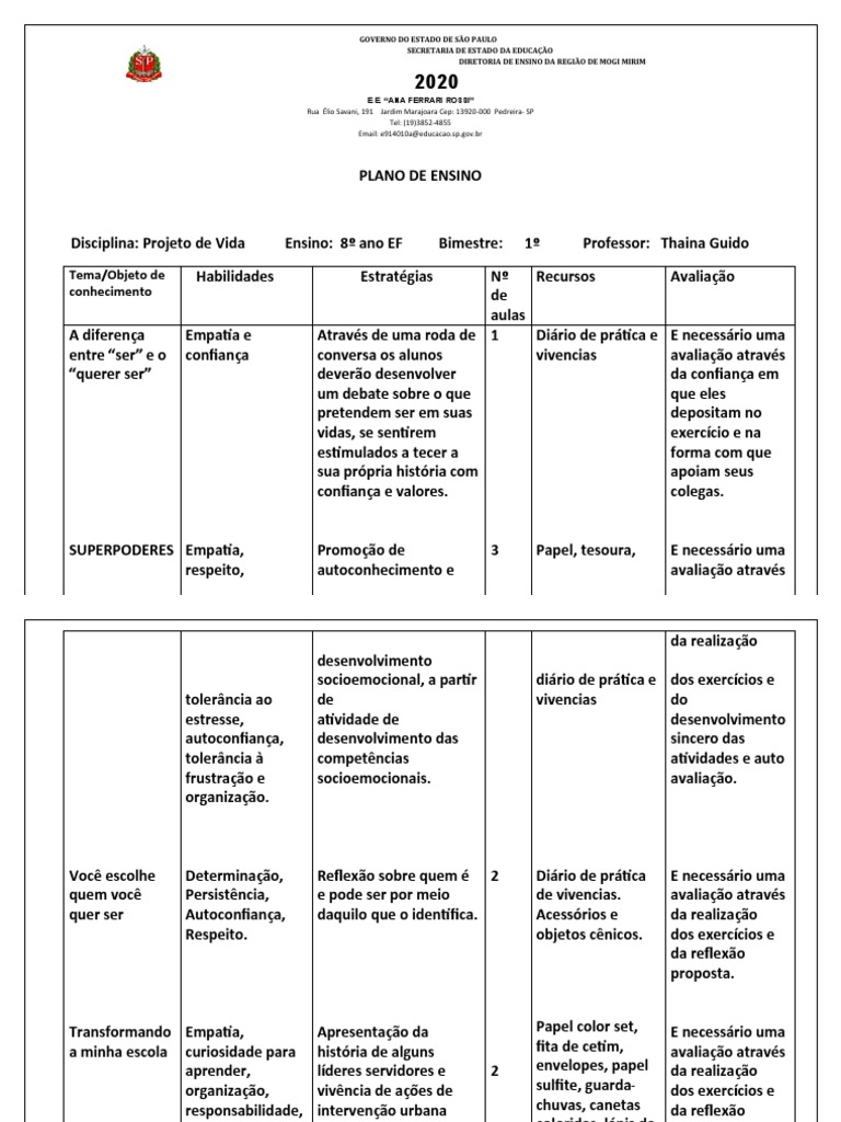 Plano de Ensino: Projeto de Vida 8º Ano | PDF | Empatia | Natureza humana