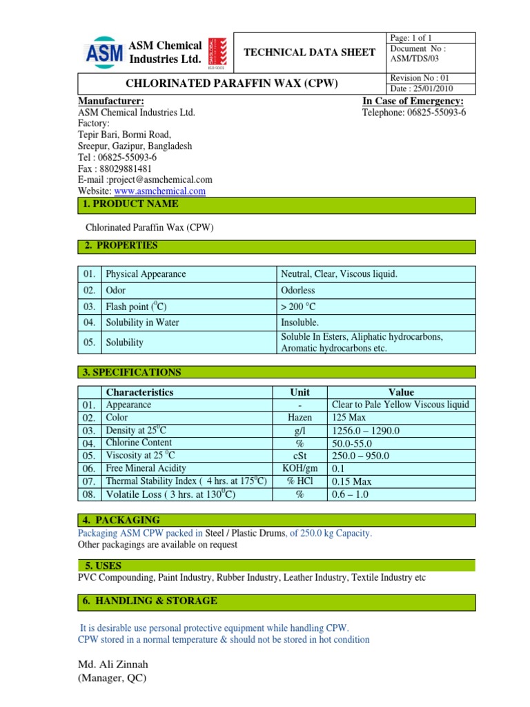 ASM Chemical Industries Ltd. Chlorinated Paraffin Wax (CPW) Technical