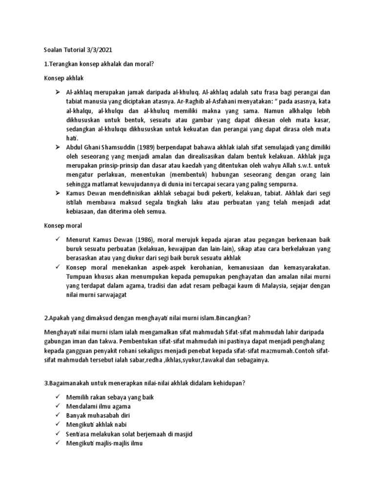 Akhlak Soalan Tutorial 3 Mac 2021 Pdf