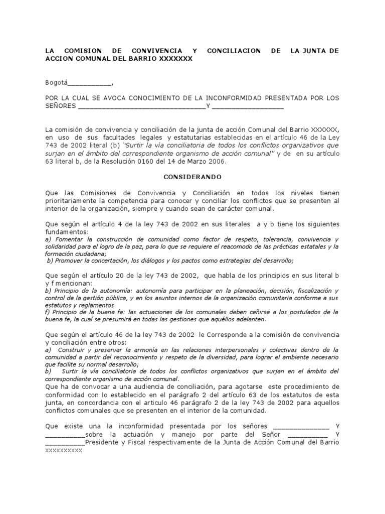 Auto Avoca Conocimiento Comision de Conciliacion Junta de Accion