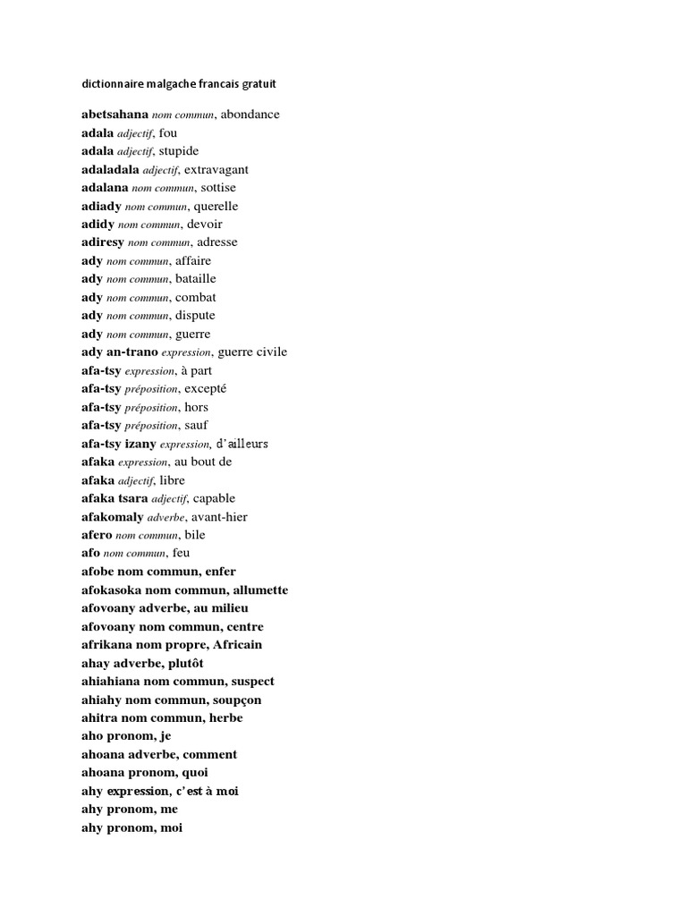 Dictionnaire Malgache-Français Gratuit | PDF | Pronom | Adverbe