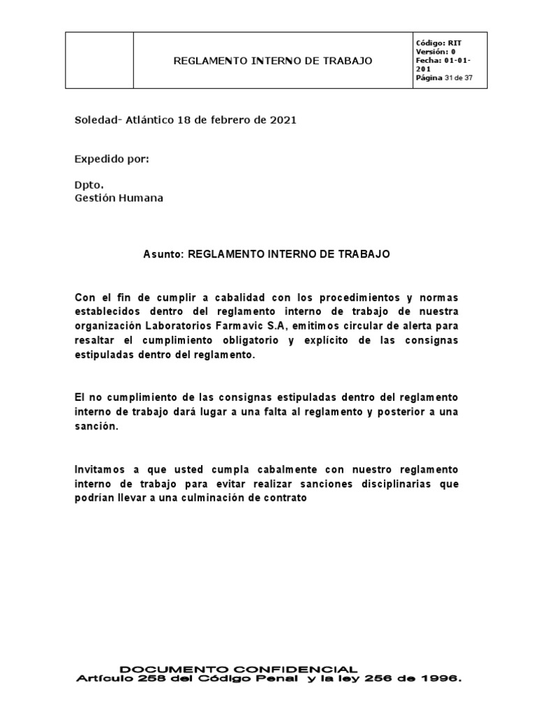 Circular Reglamento Interno de Trabajo | PDF | Regulación | Justicia