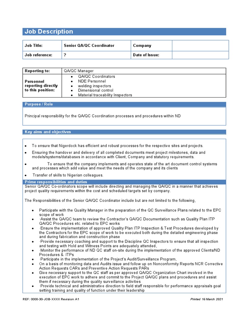 Job Description Senior QAQC Coordinator PDF Business