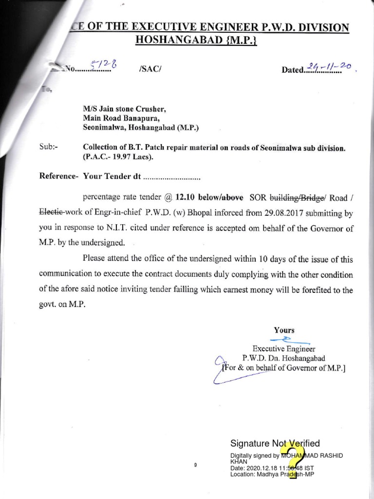 The Executive Engineer Division Hoshangabad (M.P.) : Stone | PDF
