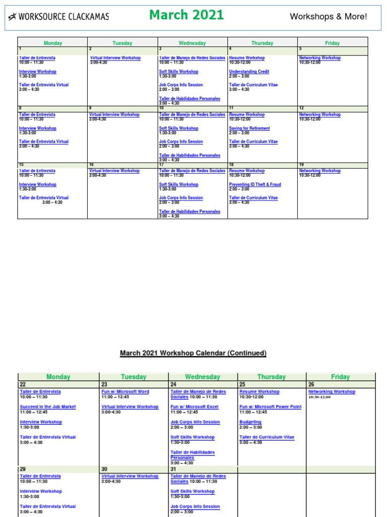 March 2021 WSC Workshop Calendar Download Free PDF Résumé Business