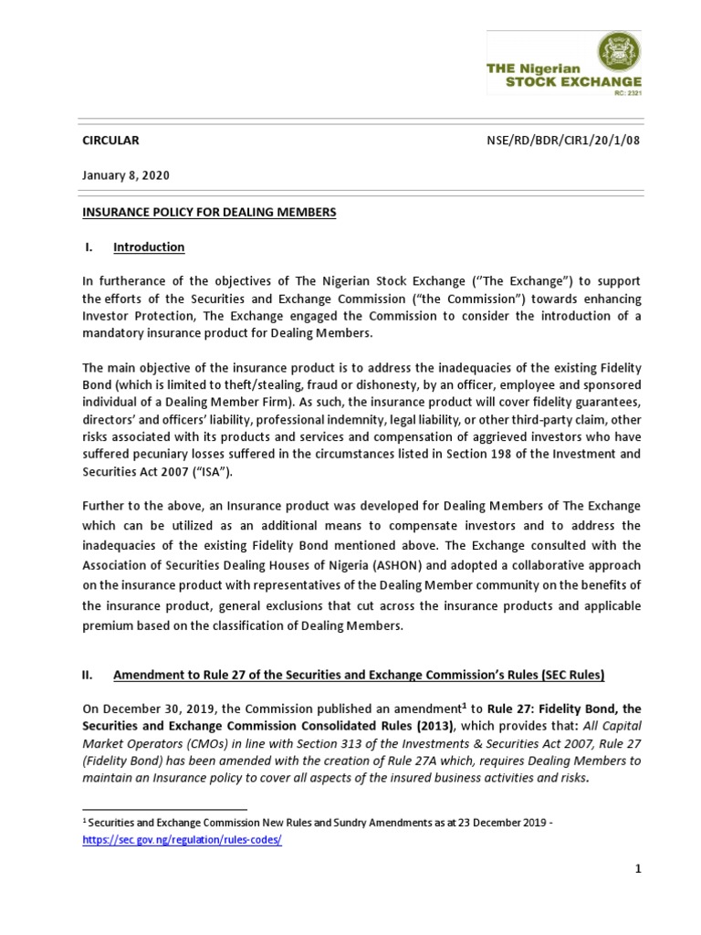 Circular On Insurance Policy For Dealing Member Firms | PDF | Insurance ...