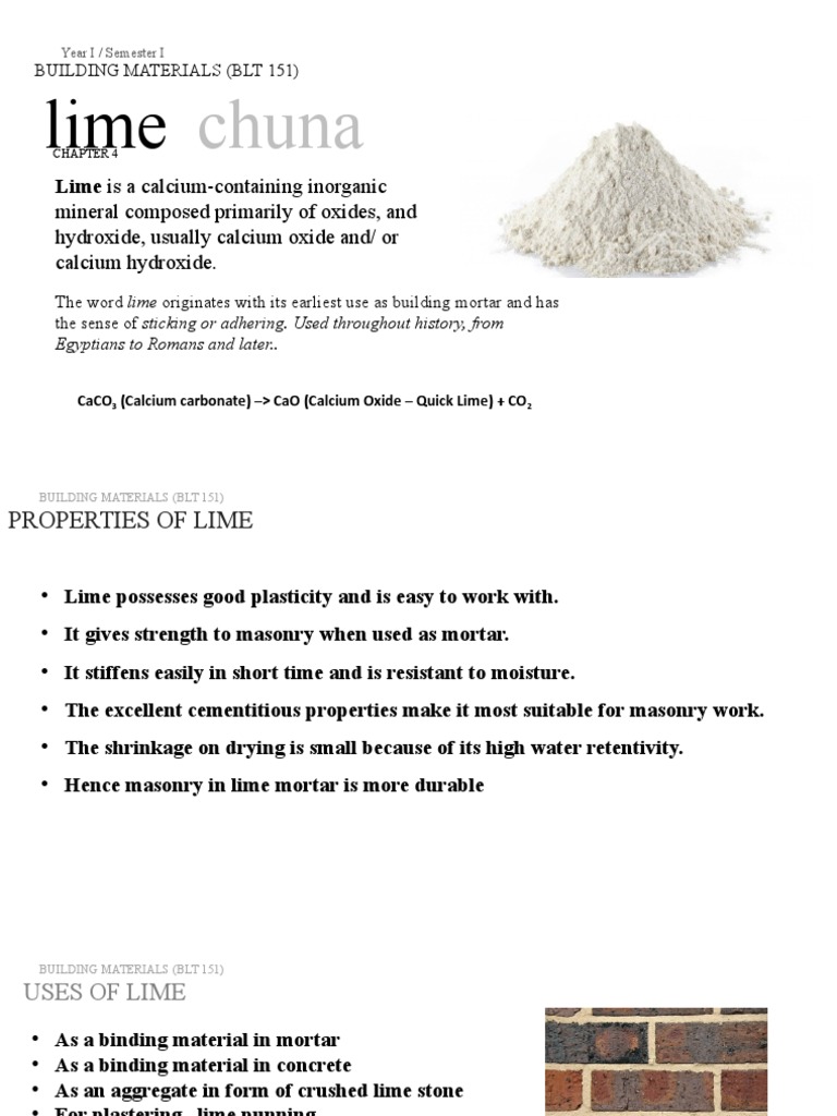 Chuna: Lime Is A Calcium-Containing Inorganic | PDF | Mortar (Masonry ...