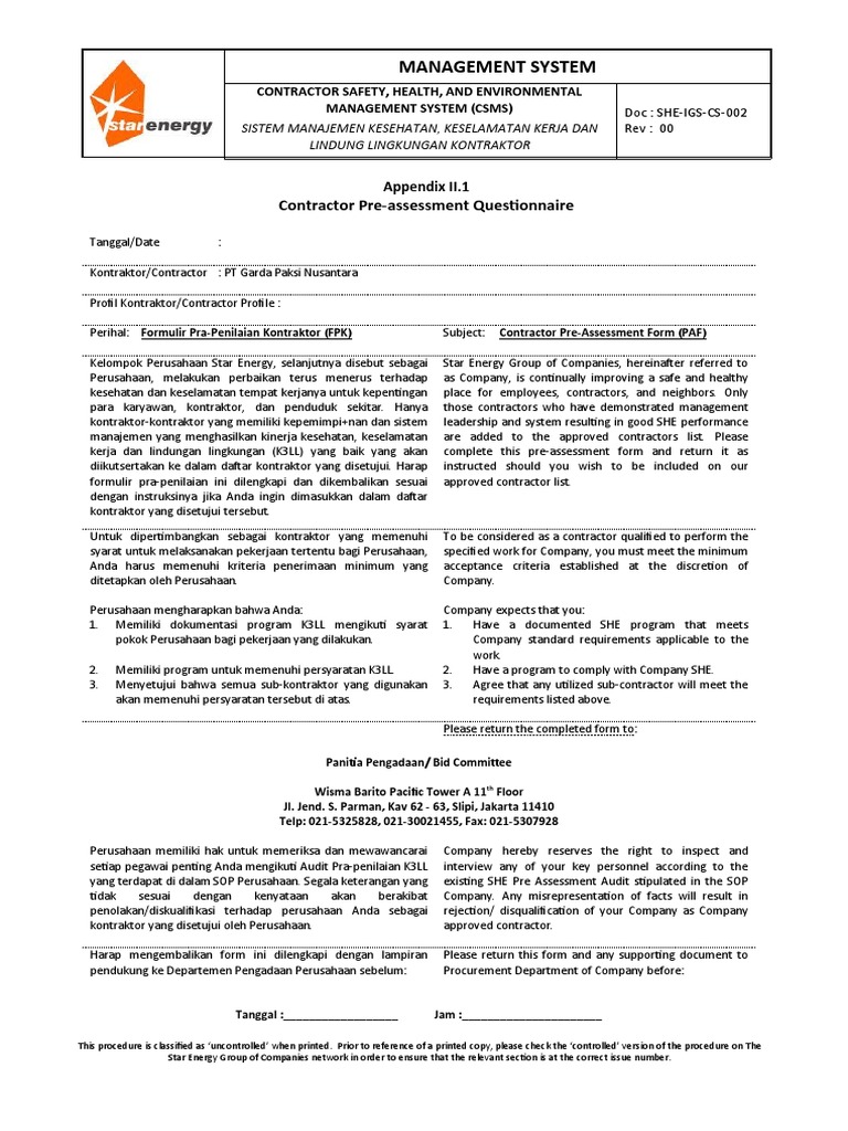 Appendix II.1 Contractor Pre-Assessment Questionnaire | PDF