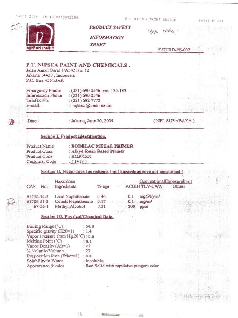 MSDS Metal Primer Coating Paint Nippon Paint PDF