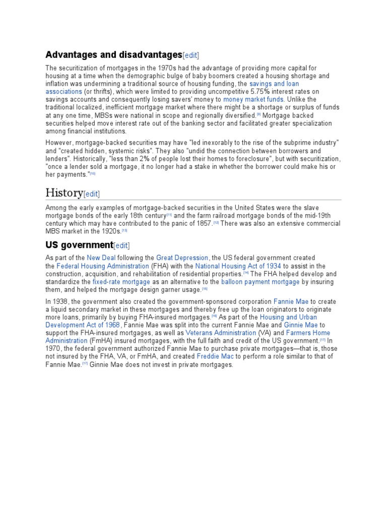 History Advantages and Disadvantages PDF Mortgage Backed Security