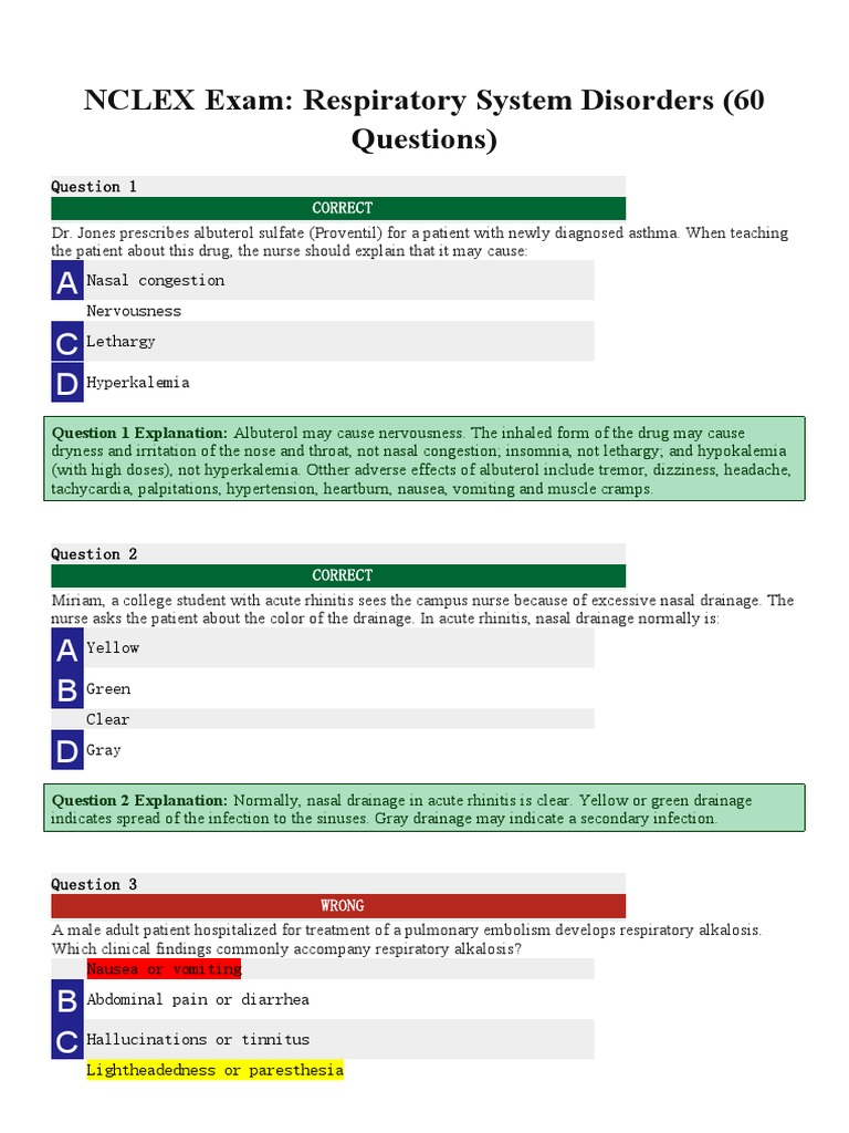 NCLEX Exam: Respiratory System Disorders (60 Questions) : Correct | PDF ...