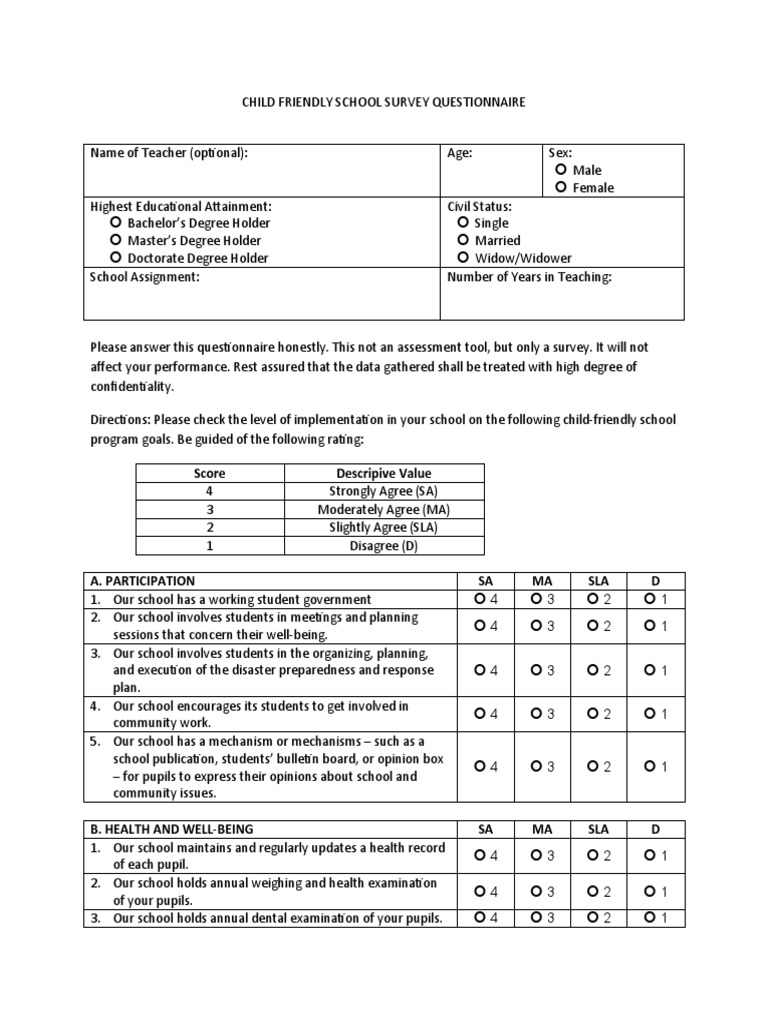 Child Friendly School Survey Questionnai | PDF | Academic Degree | Teachers