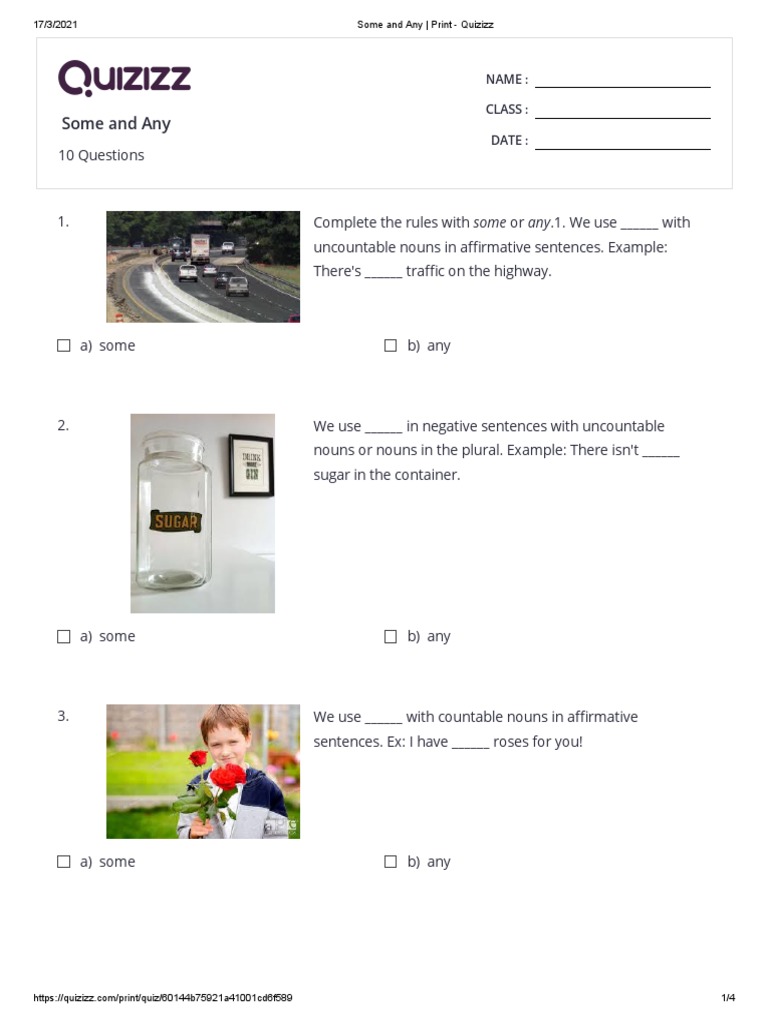 Some and Any Print Quizizz PDF Noun Syntax