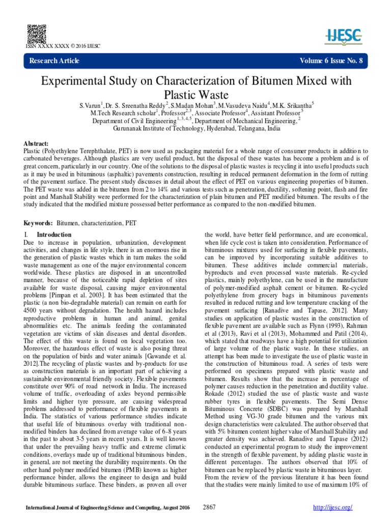 .Experimental Study On Characterization of Bitumen Mixed With Plastic ...