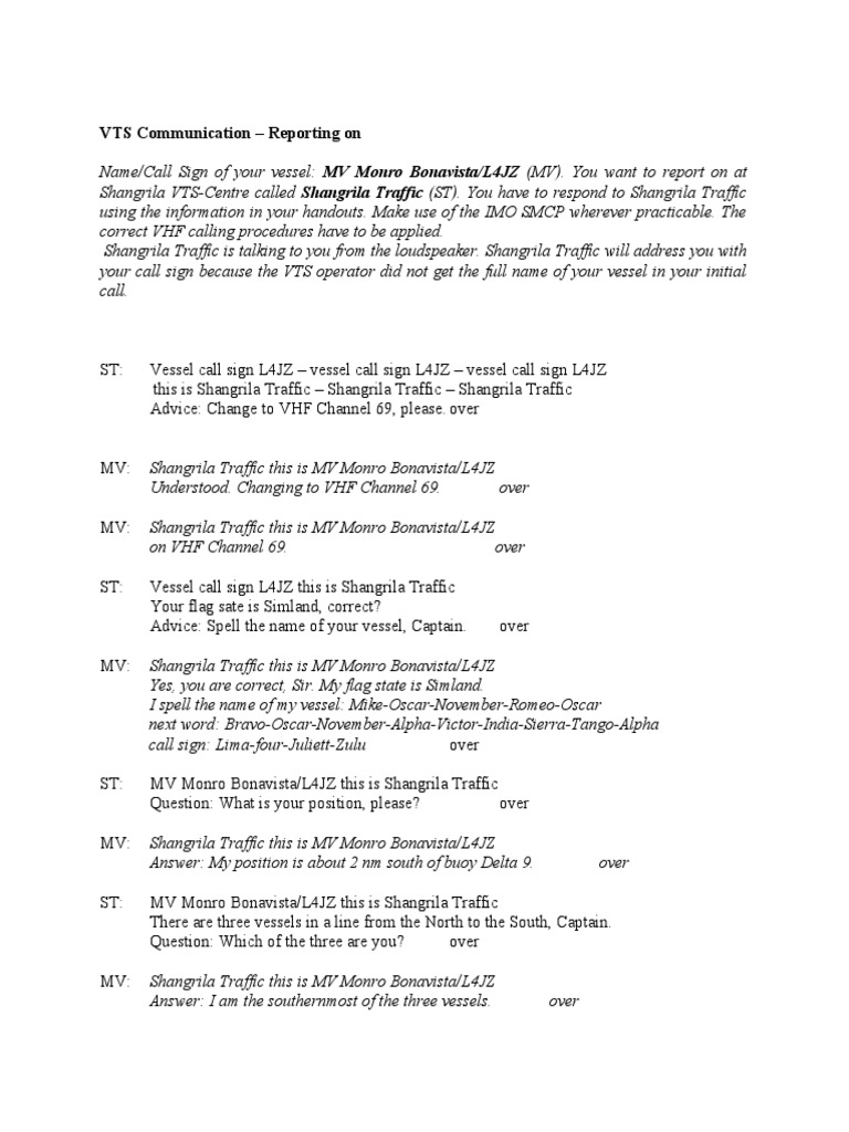 VTS Communication Reporting Example | PDF | Shipping | Water Transport