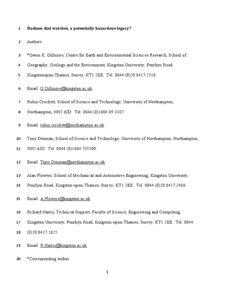Radium Dial Watches, A Potentially Hazardous Legacy? PDF Ionizing