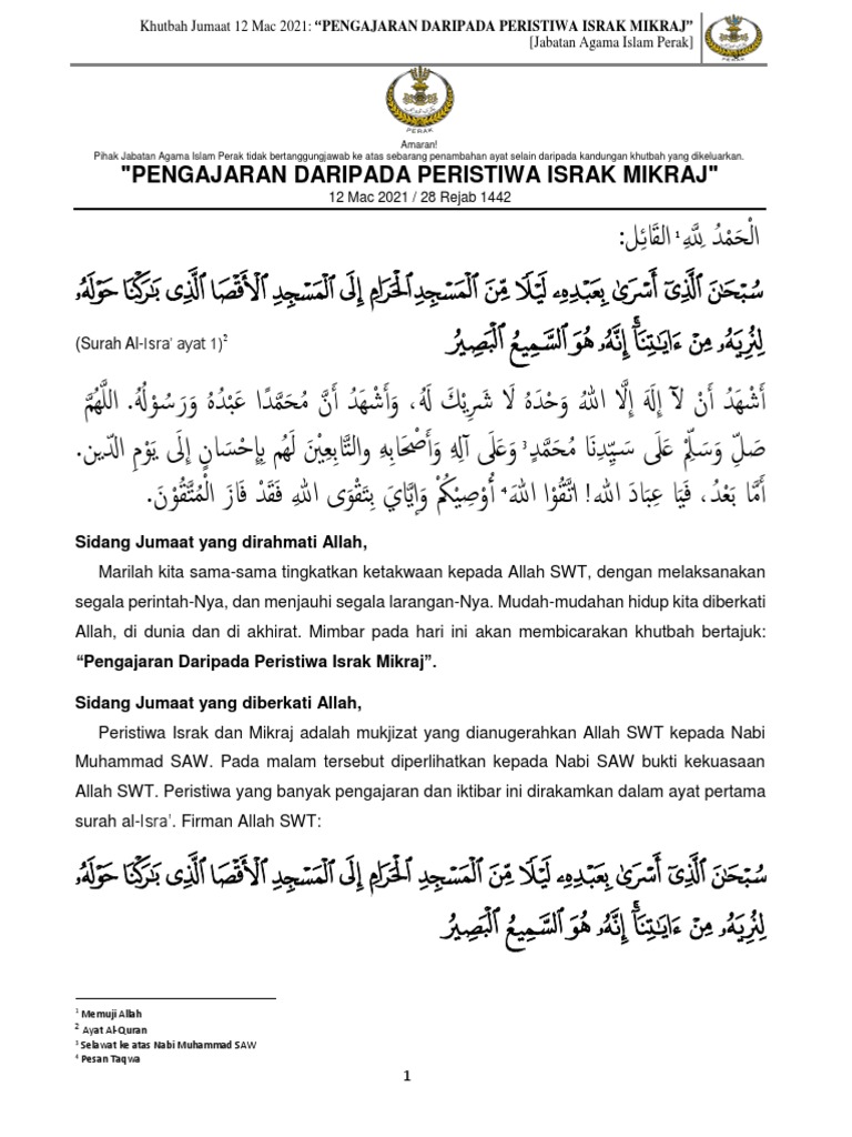 Khutbah Jumaat 12 Mac 2021 Pengajaran Daripada Peristiwa Israk Mikraj Rumi Pdf