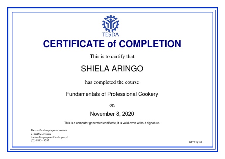 Fundamentals of Professional Cookery - Certificate of Completion | PDF