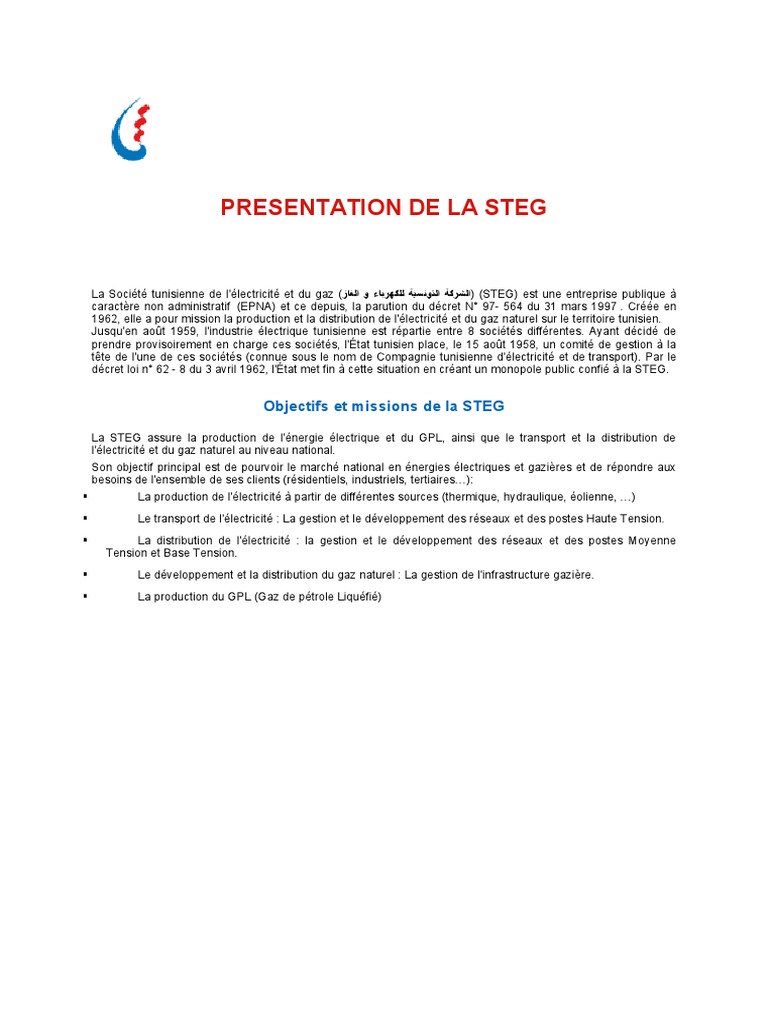 Présentation de la STEG en Tunisie | PDF | Technologie et ingénierie