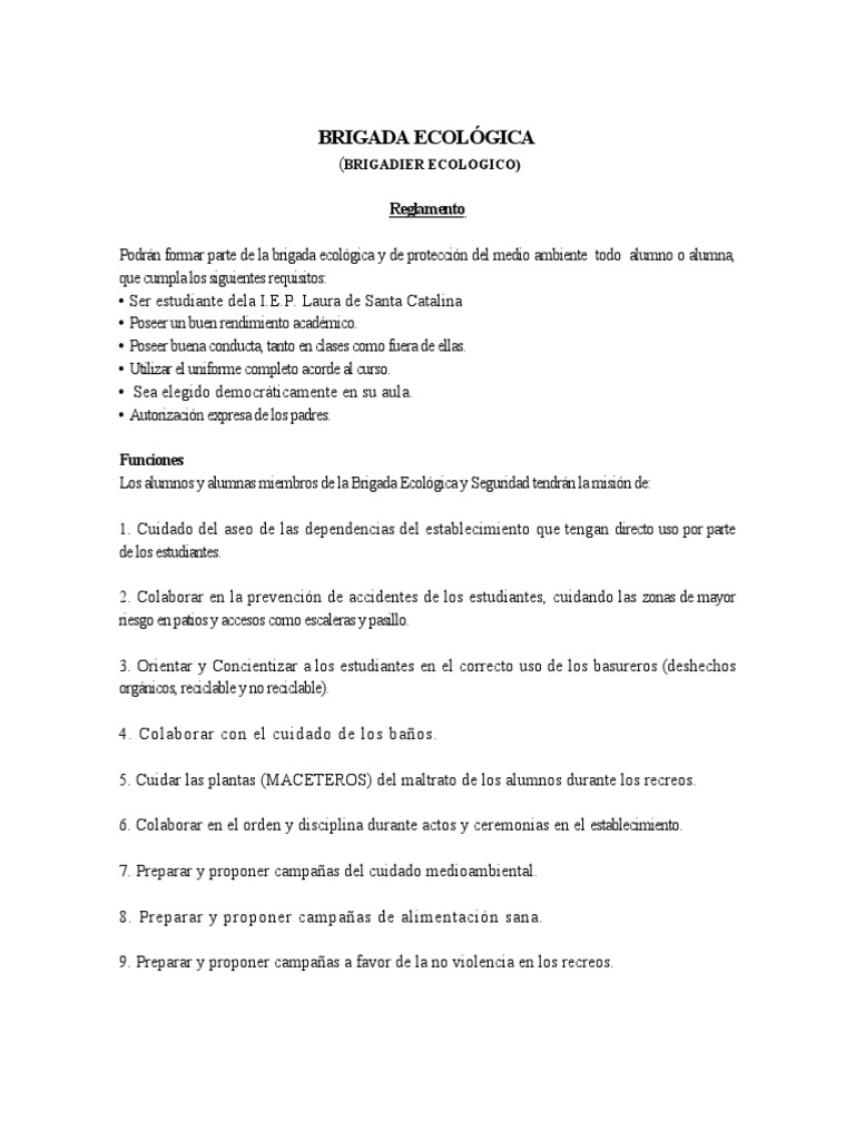 Funciones de la Brigada Ecológica Escolar | PDF