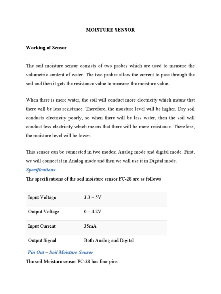Moisture Sensor Specifications PDF